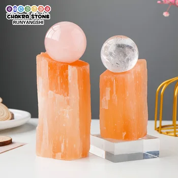 1PC em Pedra Natural de Laranja Selenita Cristal Esfera Stand Base de Gesso, pedra preciosa de Reiki de Cura Matérias Áspero Artesanato