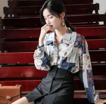 2019 nova moda das mulheres de Outono impressos soltos, camisa de manga longa blusa das mulheres tops