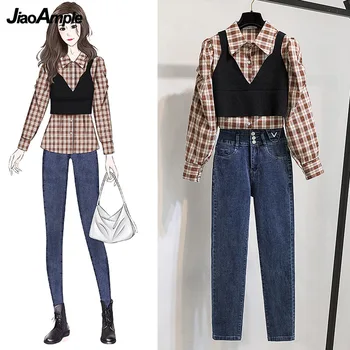 2021 Cai 3 Pcs Conjunto de Mulheres coreano Moda Camisa Xadrez+Colete+Jeans Longo do Lápis com o Terno Senhora Estudante Casual Jeans Streetwear