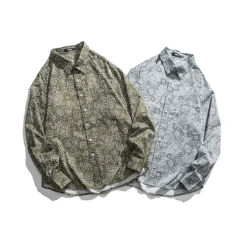 2021 outono nova algodão de caju impressão de flor shirt dos homens