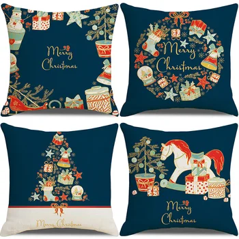 2021 transfronteiriça azul escuro combinação definida de Natal fronha de linho impressão colorida travesseiro capa de sofá de almofadas tampa