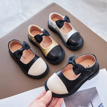 2022 New Kids Sapatos de Couro para Meninas de Retalhos de Cores de Sapatos da Moda Arco Crianças Casuais Sapatos de Couro Escola para Meninas de Vestido de Sapatos