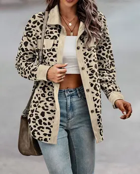 2022 Outono Mulheres casacos e Jaquetas de Manga comprida Leopardo Cor de Impressão Bolsos de Botão Único de Veludo de Inverno Feminino Outwear