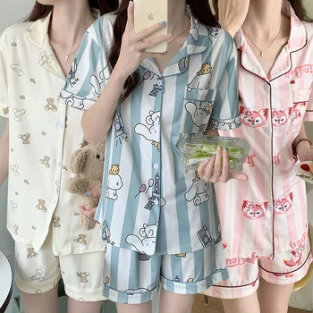 2022 Verão De Manga Curta De Impressão Shorts De Pijama Em Conjunto Para As Mulheres Coreano Solta Pijamas Atender De Pijama Homewear Pijamas Mujer Casa Roupas