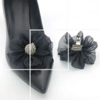 2Pcs Strass Brilhante Clipe de Sapato Preto de Seda Flor Bowknot Sapato Decorações Charme Fivela de Noiva de Broche Noiva de Sapato, Acessórios