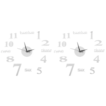 2X 3D Grande Relógio de Parede Espelho Adesivo Relógio Grande Autocolante de Decoração de Casa de Dom Único de DIY Prata