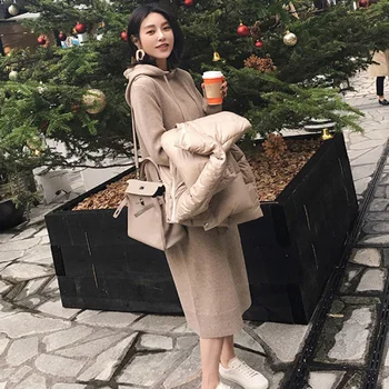 A Coreia Do Capuz De Lã Vestido De Mulher Outono Inverno Chic Cáqui Chique Solto Vestido De Malha Vestido Feminino Estilo Solto Vestidos Longos Caem