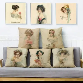 A europa Vintage Mulher Senhora Menina de Impressão Jogar Travesseiro Capas de Almofada de Linho do Travesseiro jogar travesseiro
