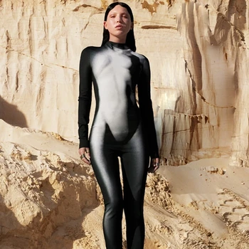 A moda 3D Corpo de Impressão Mulheres Y2K Roupas Blacck Macacão Sexy Simulação de Pescoço Longo da Luva Skinny, Uma Peça de Vestuário de Streetwear Romper