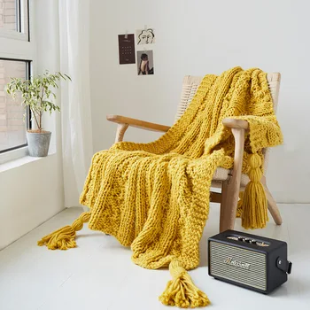 Artesanal de Mantas de Malha Amarelo Cobertor Borlas de Alta Qualidade de Borla Cobertor de Viagem 130x160cm Casa Sofá Cadeira Sofá-Cama Sofá cor-de-Rosa