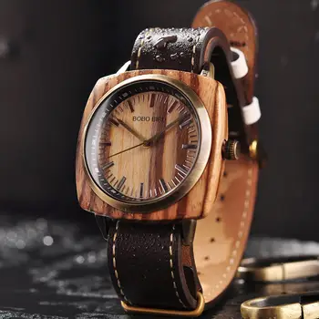BOBO PÁSSARO Mostrador Quadrado de Madeira do Relógio Genuíno Couro Moda relógio de Pulso de Design de Presente de Natal Em Caixa de Madeira de Natal zegarek meski