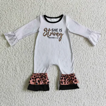 Boutique macacão de bebê que ela é forte o leopard letra imprimir mangas compridas crianças romper do bebê atacado crianças vestuário
