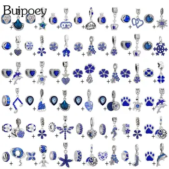 Buipoey 2pcs/monte Azul Strass Esferas de Charme Flor Ajuste Diy Pulseira de Ondas Veleiro Pingente de Coroa Jóias Artesanais Acessório