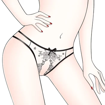 Calcinha Sexy Feminino Laço Bordado Tanga G String T-Back Transparente Crotchless Shorts Lingerie