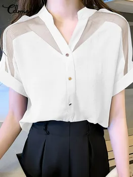 Casual Decote em V da Camisa Mulheres de Moda de Ver através de Celmia Elegante Chiffon de Retalhos Blusas de Manga Curta Blusa Elegante OL coreano Tops