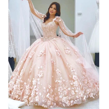Cor-de-rosa Vestido de Princesa Flores em 3d Vestido de baile Vestidos de Quinceanera Cabo Envoltório Caftan de Renda Frisado Longo Sweet 16 Vestido de Vestidos De Festa