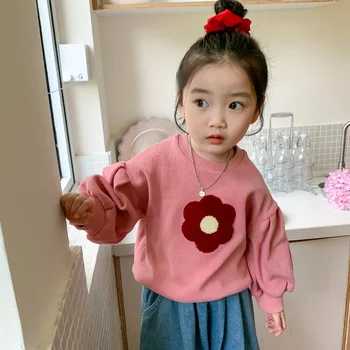 Crianças Camisola 2022 Outono Meninas Novas' coreano Bordado Camisola de Pequeno e Médio Meninas' Baby Pink Camisa de Manga comprida