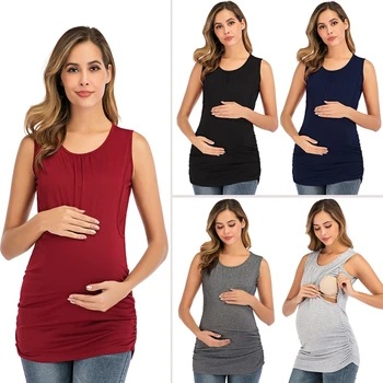 Europeus e Americanos nova rodada de pescoço de cor sólida colete de aleitamento materno da maternidade vestido sem mangas mulheres grávidas T-shirt