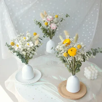 Flores Secas Daisy Casamento, Buquê De Flores Com Vaso De Cristal Grama Coelho Cauda De Grama Para Casa, Decoração Sala De Estar Acessórios