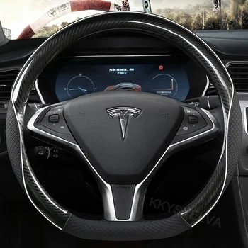 Forma De D Para O Tesla Model S 2013-2021 Modelo Y Modelo X 2013-2021 Carro Volante Capa De Couro + Fibra De Carbono Auto Acessórios