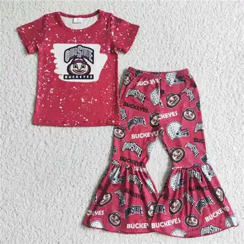 GSPO0134 Menina de Roupa Vermelha de Manga Curta T-shirts Com Bell Terno de Calça de Verão, Roupas, Roupas de Crianças Meninas