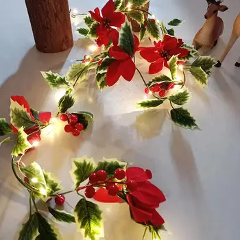 Guirlanda De Natal Artificial Bicos-De-Seqüência De Luzes Com Bagas Vermelhas De Vime Guirlanda Decorativa Para O Natal Decoração Da Casa