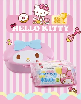 Hello Kitty Sanrio Melodia Cartoon Bebê Lenços umedecidos Kawaii Caixa de Papel e de 80 Peças de Lenços umedecidos Mesa de Jantar de Decoração Sala de estar