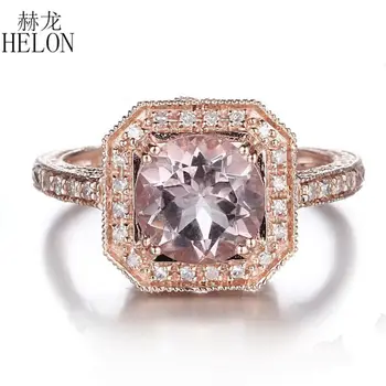 HELON Impecável 8mm Rodada Morganite Mulheres, Casamento, Moda Jóias Anel Sólido 14K Ouro Rosa de Diamantes Naturais Anel de Noivado
