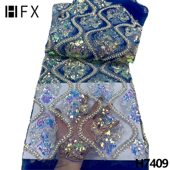 HFX Lantejoulas Tecido do Laço azul Pesados de renda frisado Tecido Bordado francês Tule de Malha de Tecido de Renda para Nigeriano Festa de casamento H7409