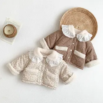 Infantil Bebê Floral De Algodão, Casacos Outono Inverno Laço Gola De Lã Forrado Warm Coats Bonito Estilo Coreano Macio Meninas Outerwear