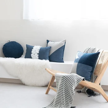 INS Azul patchwork thicked jogar capa de almofada do sofá cadeira lombar fronha borlas decoração fronha branca flor fronhas