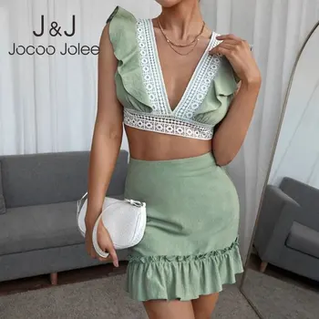 Jocoo Jolee Sexy Decote em V Babados sem encosto Cropped Tops e Saias de Cintura Alta e Elegante Laço de Duas Peças, Conjuntos Casual Slim Mini Ternos