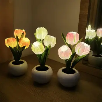 Led Tulip Lâmpada Da Luz Da Noite Decoração De Interiores Lâmpada Da Tabela Do Diodo Emissor De Simulação Tulip Vaso Atmosfera Lâmpada Da Noite Dom Vaso De Plantas
