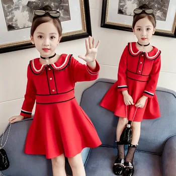Meninas Vestidos Outono coreano Filhos da Princesa do Vestido Vermelho e Roupas para Crianças de 2 a 6 Anos Y1008