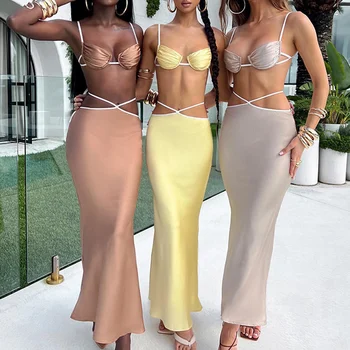 Moda das Mulheres de Duas Peças de Conjunto de Saia sem encosto Laço Camisole com Cintura Baixa a Longo Bodycon Saia para a Festa Sexy Conjuntos