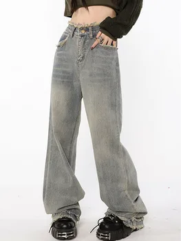 Mulheres Blue Jeans Moda Pendão Solto Denim Grande Perna De Calça De Elástico De Cintura Alta Algodão Coreano Streetwear Do Tornozelo-Comprimento De 2022 Outono