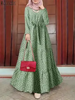 Muçulmano Vestido Floral ZANZEA 2022 Mulheres Imprimir Sundress Kaftan Turquia Abaya Hijab Vestidos com cinto Feminino Manto Femme Islã Roupas