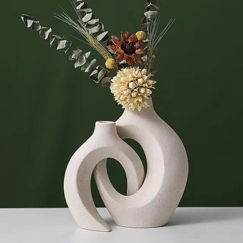 Nordic Vaso De Cerâmica Circular Oco Do Vaso Donuts Vaso De Flores Para Casa, Escritório Sala De Estar Interior Da Área De Trabalho De Decoração, Acessórios