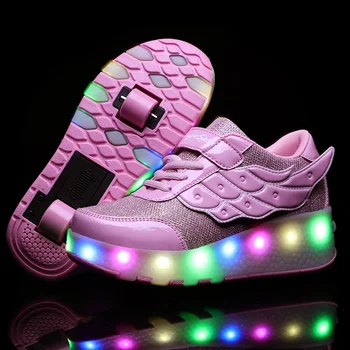Nova cor-de-Rosa de Carregamento USB de Moda Meninas Meninos de Luz LED Rolo de Sapatos de Skate Para Crianças Tênis Com Rodas Duas rodas Asa