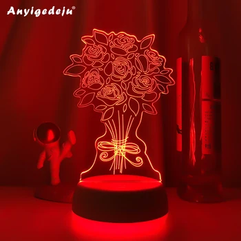 Novidade noite de luz LED 3D da lâmpada da noite criativa mesa de jantar lâmpadas de cabeceira romântico flores Rosa crianças, decoração presentes
