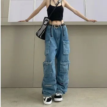Novo 2022 vintage senhoras de manta de Retalhos Largas calças de Brim de carga de Moda Streetwear alta solta Calças Jeans