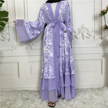 Novo Muçulmano De Impressão Tie Dye Dubai Abaya Vestido De 3 Camadas De Chiffon Frontal Aberto Abaya Flowy Turquia Quimono Com Bolsos De Vestuário Islâmico