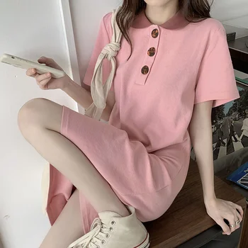 O Coreano Gola Polo Vestidos De Mulheres De Verão Casual Manga Curta Doce Vestido T-Shirt De Senhora Cor-De-Rosa Botão Midi Bater Cor Vestidos Soltos
