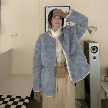 Outono Inverno Novo Coreano Moda Solta Em Torno Do Pescoço Engrossar Temperamento Imitação Lambwool Casaco De Pele Feminino Casual Simples Jaqueta