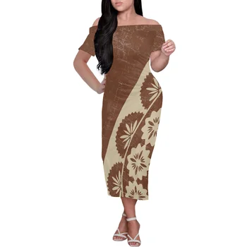 Personalizado Vestido de Festa Polinésia Impressão Tribal Confortável Moda Verão feminina Maxi Vestido Com Mangas Curtas, Revelando os Ombros