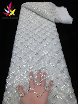 PGC Branco Africano Noivo francês Malha de Tecido de Renda, Em 2022, Tule Tecido de Renda Com Paetês Para a Nigéria Vestido de Noiva de Costura LY765-4