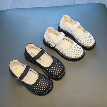 Preto Oco Meninas PU Sapatos Rasos Japão Estilo Respirável Crianças Princesa Sandálias 2022 Verão Nova Moda infantil Simples Flats