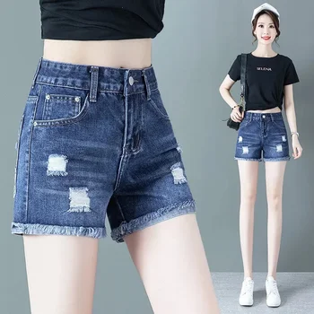 Ripped jeans, shorts de 2022 verão nova versão coreana de cintura alta slim fit all-correspondência fina simples shorts desfiado