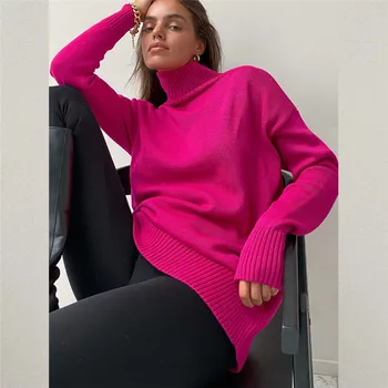 Rosa Vermelho do Outono e do Inverno das Mulheres Camisola Pulôver de 2022 Basic Verde de Gola alta Oversize Jumper Vintage Blusas de Malha para as Mulheres