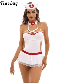 Sexy Womens Lingerie Conjunto Uniforme de Enfermeira de Tiras Halter Vestido sem costas Babydolls com G-corda de Cabeça Enfermeiro Trajes Cosplay